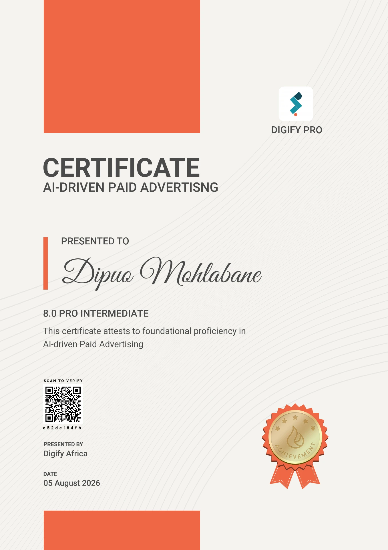Digify Pro certificate awarded to Dipuo Mohlabane for AI-Driven Paid Advertising
