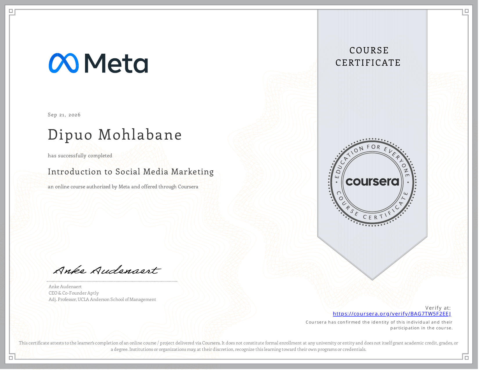 Digify Pro certificate awarded to Dipuo Mohlabane for Introduction to Social Media Marketing