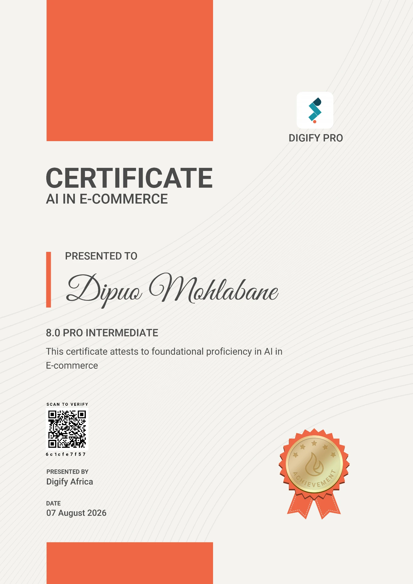 Digify Pro certificate awarded to Dipuo Mohlabane for AI in E-Commerce
