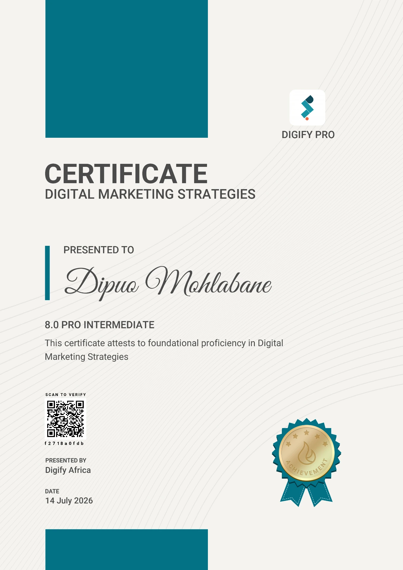 Digify Pro certificate awarded to Dipuo Mohlabane for Digital Marketing Strategies
