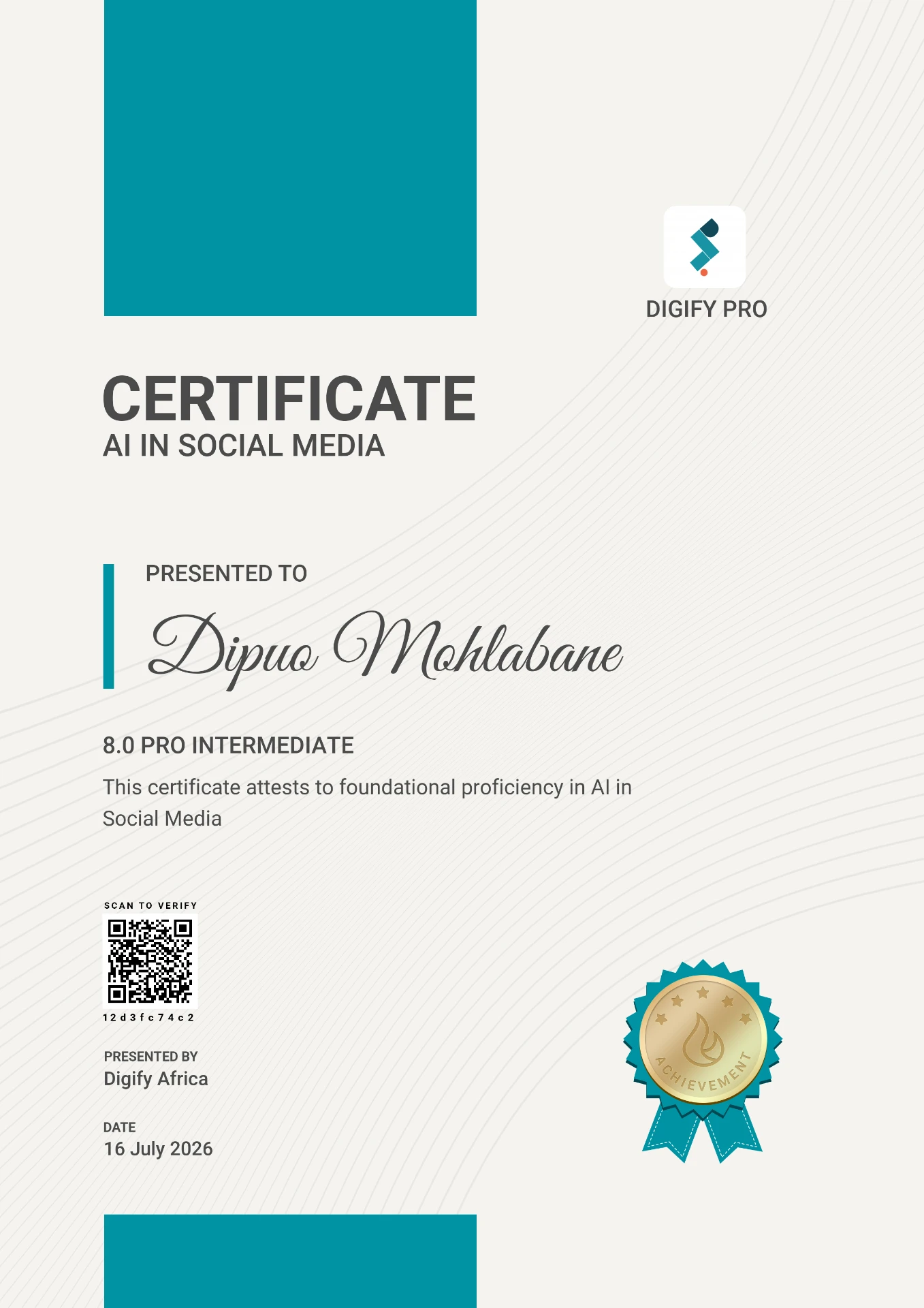 Digify Pro certificate awarded to Dipuo Mohlabane for AI in Social Media