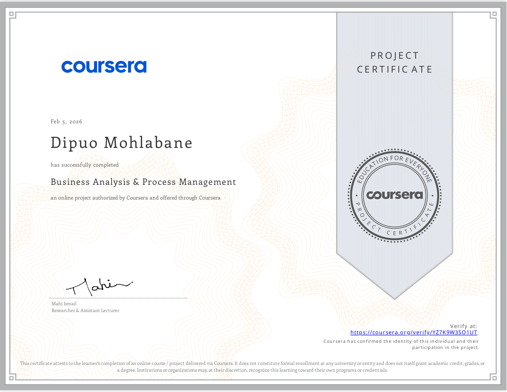 Digify Pro certificate awarded to Dipuo Mohlabane for Business Analysis & Process Management